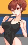  :o bare_shoulders black_one-piece_swimsuit covered_navel food hair_ornament highres one-piece_swimsuit persona persona_3 persona_3_portable pointy_breasts popsicle red_eyes red_hair shiomi_kotone short_hair signature swimsuit yaoto 