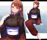 1girl akirannu barefoot black_kimono blush brown_hair closed_mouth hand_up highres invisible_chair japanese_clothes kimono letterboxed long_hair long_sleeves looking_at_viewer multiple_views obi obijime orange_eyes original outside_border sash sidelocks sitting smile solo variations wide_sleeves zoom_layer 