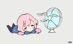  1girl =_= animated animated_gif arknights blue_jacket blue_poison_(arknights) chibi closed_eyes dailybloopy electric_fan jacket long_hair low_twintails lying numbered on_stomach pink_hair simple_background solo twintails white_background 