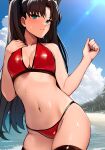  1girl ai-assisted alternate_costume bikini black_ribbon black_thighhighs blush breasts cleavage fate/stay_night fate_(series) green_eyes hair_ribbon haruhisky highres large_breasts long_hair looking_at_viewer navel outdoors red_bikini ribbon solo stomach summer sweat swimsuit thighhighs tohsaka_rin 