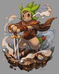  absurd_res anthro biped brown_body brown_clothing buckteeth chespin clothed clothing generation_6_pokemon haychel hi_res male melee_weapon nintendo pokemon pokemon_(species) smile solo sword tail teeth weapon 