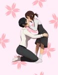  2girls absurdres age_difference black_hair breasts brown_eyes brown_hair french_kiss gabi_braun glasses height_difference highres kiss kneeling m-a-v-e-r-i-c-k medium_breasts mikasa_ackerman multiple_girls non-web_source pants shingeki_no_kyojin short_hair shorts tongue tongue_out yuri 