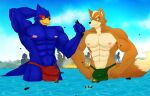  2023 absurd_res aircraft airplane anthro avian bird blue_body bulge canid canine city clothing dated destruction detailed_bulge digital_media_(artwork) duo falco_lombardi fox fox_mccloud green_eyes hi_res jackrinzler jet laser macro male mammal muscular muscular_male nintendo orange_body rampage sea ship speedo star_fox swimwear vehicle water watercraft 