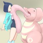  1girl hair_ornament hairclip highres jacket licking licking_another&#039;s_face lickitung liko_(pokemon) microsd_(pibo) open_clothes open_mouth pokemon pokemon_(anime) pokemon_(creature) pokemon_horizons pokemon_journeys shirt shorts tongue tongue_out white_shirt 