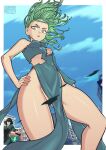  2girls blue_sky breasts city cloud convenient_censoring day dress english_text from_below fubuki_(one-punch_man) green_dress green_eyes green_hair medium_hair multiple_girls navel nipples one-punch_man outdoors redjet sky small_breasts solo_focus speech_bubble tatsumaki torn_clothes torn_dress wind 