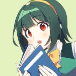  1girl ap_bar blush book bow bowtie green_background green_hair green_jacket hairband hands_up holding holding_book idolmaster idolmaster_(classic) idolmaster_million_live! idolmaster_million_live!_theater_days jacket looking_at_viewer mole mole_under_mouth open_mouth otonashi_kotori red_eyes shirt short_hair simple_background sleeveless sleeveless_jacket solo teeth upper_body upper_teeth_only white_shirt yellow_bow yellow_bowtie yellow_hairband 