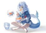 1girl animal_costume barefoot bloop_(gawr_gura) blue_eyes blue_hair blue_nails blunt_bangs bowl bowl_stack bubble chopsticks crossed_legs fins fish_(food) fish_tail food food_in_mouth food_on_face gawr_gura gawr_gura_(1st_costume) hair_ornament highres holding holding_bowl hololive hololive_english legs looking_at_viewer medium_hair multicolored_hair nail_polish no_pants quasarcake rice shark_costume shark_girl shark_hair_ornament shark_tail sidelocks stitches streaked_hair tail two_side_up white_background white_hair wide_sleeves 