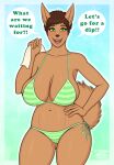  2023 anthro big_breasts bikini breasts brown_body brown_hair clothing female fior_(jimmuarts) green_eyes hair hanging_breasts hi_res huge_breasts jimmuarts looking_at_viewer short_hair solo swimwear text 