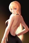  1girl alternate_costume azur_lane back back_focus backless_dress backless_outfit bare_back bare_shoulders bismarck_(azur_lane) black_dress blonde_hair blue_eyes bow bracelet breasts closed_mouth commentary_request dress earrings from_behind hair_between_eyes hair_bow hand_on_own_hip highres jewelry lips long_hair looking_at_viewer lyche_(cramcell) medium_breasts revision shoulder_blades sideboob solo standing 