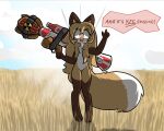  anthro averi_(fiddleafox) brown_body brown_fur canid canine dipstick_tail english_text female female_anthro food fox fur gloves_(marking) green_eyes hair kfc leg_markings mammal markings simple_background socks_(marking) solo standing tail tail_markings text unknown_artist white_body white_fur 