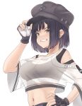  1girl belt black_belt black_hair black_headwear black_pants black_sports_bra blush clothing_request english_text fingerless_gloves flustered gloves goddess_of_victory:_nikke hat hiden_(takanori) highres looking_at_viewer milk milk_(nikke) navel pants see-through see-through_shirt short_hair solo sports_bra tears tomboy two-tone_gloves underwear white_background yellow_eyes 