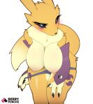  3_fingers anthro bandai_namco berrypunchz big_breasts blue_eyes blush breasts canid canine claws clothing clothing_pull digimon digimon_(species) female fingers fur hanging_breasts hi_res looking_at_viewer mammal panties panty_pull renamon solo tail thick_thighs underwear underwear_pull yellow_body yellow_fur 