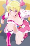  1girl blonde_hair boots breasts choker closed_mouth collarbone cure_peach earrings fresh_precure! fuchi_(nightmare) gradient_background grey_background hair_ornament heart heart_earrings heart_hair_ornament highres jewelry knee_boots large_breasts long_hair looking_at_viewer magical_girl momozono_love on_one_knee pink_choker pink_eyes pink_footwear precure puffy_short_sleeves puffy_sleeves short_sleeves smile solo twintails wrist_cuffs 