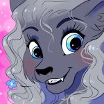  anthro azrael_(tertia) black_kitty black_nose blue_eyes blush canid canine canis cheek_tuft dark_eyebrows eyebrows eyelashes facial_tuft fangs female female_(lore) flower fur grey_body grey_fur grey_hair hair happy inner_ear_fluff looking_at_viewer mammal pink_background plant simple_background smile solo teeth tuft wavy_hair wolf 