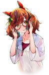  1girl adjusting_eyewear animal_ears bespectacled blush breasts brown_eyes casual collarbone commentary_request glasses highres horse_ears horse_girl looking_at_viewer medium_breasts mizusaki_rain nice_nature_(umamusume) open_mouth portrait red_hair short_twintails simple_background solo twintails umamusume white_background 
