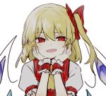  ascot blonde_hair eyelashes eyeliner fang flandre_day flandre_scarlet frilled_sleeves frilled_wristband frills hair_between_eyes hair_ornament hair_ribbon hands_on_own_cheeks hands_on_own_face head_rest highres looking_at_viewer makeup open_mouth red_ascot ribbon short_hair short_sleeves side_ponytail sidelocks simple_background suikario touhou white_background wings 