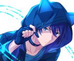  1boy animal_hood blue_eyes blue_gloves blue_hair character_request closed_mouth commentary_request fingerless_gloves fingernails gloves hand_up helios_rising_heroes highres hood hood_up hooded_jacket jacket long_sleeves looking_at_viewer male_focus sekina solo upper_body white_background 