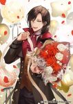  1boy :d ascot balloon black_coat black_hair black_pants bouquet brooch brown_vest coat confetti copyright cowboy_shot falling_petals flower hair_over_shoulder holding holding_bouquet holding_ribbon jewelry leaf long_sleeves looking_at_viewer low_ponytail male_focus mandarin_collar medium_hair monocle nijisanji nitaka_(fujikichi) official_art open_clothes open_coat pants petals red_ascot red_flower red_rose ribbon rose shellin_burgundy shirt smile solo standing star_balloon swept_bangs teeth upper_teeth_only vest virtual_youtuber white_background white_flower white_rose white_shirt yellow_eyes 