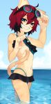  2023 aeiou_(yoako) anthro blush breasts clothed clothing clothing_lift digital_media_(artwork) domestic_cat felid feline felis female female_anthro fur hair hi_res kemono looking_at_viewer mammal multicolored_body multicolored_fur short_hair small_breasts solo swimwear yoako 