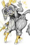  2023 anthro blue_eyes bovid breasts caprine digital_media_(artwork) female fur goat goatboydraws grey_body grey_fur hand_gesture hi_res holding_object horn lagomorph leaning leaning_forward leporid looking_at_viewer mammal muscular muscular_female pseudoregalia rabbit simple_background smile solo sybil_(pseudoregalia) thick_thighs white_background 