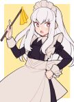  1girl alternate_costume apron black_dress blush border do_m_kaeru dress duster enmaided fire_emblem fire_emblem:_three_houses hand_on_own_hip holding holding_duster long_hair long_sleeves looking_at_viewer lysithea_von_ordelia maid maid_headress open_mouth outside_border pink_eyes simple_background solo waist_apron white_apron white_border white_hair yellow_background 