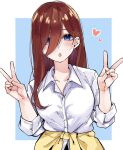 1girl :o bags_under_eyes blue_eyes blush breasts brown_hair cardigan cardigan_around_waist clothes_around_waist collarbone double_v go-toubun_no_hanayome hair_between_eyes hair_over_one_eye heart highres large_breasts looking_at_viewer mame1645 nakano_miku open_collar school_uniform shirt simple_background sleeves_rolled_up solo two-tone_background v white_shirt yellow_cardigan 
