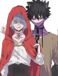  2boys ametaro_(ixxxzu) animal_ears black_choker black_hair blue_eyes boku_no_hero_academia brown_shirt burn_scar cheek_piercing choker cloak dabi_(boku_no_hero_academia) gun highres holding holding_gun holding_weapon hood hooded_cloak male_focus medium_hair multiple_boys multiple_scars red_cloak red_eyes scar scar_on_face shigaraki_tomura shirt short_hair spiked_hair staple stapled stitched_neck stitches tail weapon white_hair white_shirt wolf_boy wolf_ears wolf_tail wrinkled_skin 