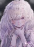  1girl absurdres blush close-up dress expressionless fujisawa_yuuki grey_background hair_over_one_eye hands_on_own_neck highres long_hair looking_at_viewer original purple_eyes signature solo white_dress white_hair 