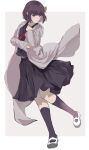  1girl absurdres black_eyes black_hair black_serafuku black_skirt black_socks bungou_stray_dogs butterfly_hair_ornament closed_mouth coat full_body grey_coat hair_ornament hands_up highres jellyfish_sz long_skirt long_sleeves red_ribbon ribbon school_uniform serafuku shoes short_hair simple_background skirt smile socks solo standing white_background white_footwear yosano_akiko 