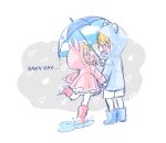  ... 1boy 1girl animal_ears animal_hood bear_ears blonde_hair blue_footwear blue_raincoat blue_umbrella blush boots brother_and_sister chibi cloud_print colored_shoe_soles colored_text commentary english_text fake_animal_ears from_side full_body highres holding holding_hands holding_umbrella hood hood_up leg_up long_sleeves looking_at_another looking_to_the_side medium_hair open_mouth orange_eyes orange_hair pastel_colors pink_footwear pink_hair pink_raincoat poppu_usagi project_sekai puddle rabbit_ears red_eyes shorts siblings sketch skirt standing teeth tenma_saki tenma_tsukasa two-tone_background typo umbrella upper_teeth_only wading water water_drop wavy_hair white_background white_shorts white_skirt white_umbrella 