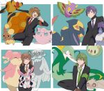  2boys 2girls ahoge arbok audino black_jacket blush brown_hair brown_necktie buneary character_request closed_eyes collared_shirt crossover green_hair hairband highres hod_(project_moon) jacket jigglypuff litwick lobotomy_corporation long_hair malkuth_(project_moon) mu46016419 multiple_boys multiple_girls necktie netzach_(project_moon) nihilego pokemon pokemon_(creature) project_moon purple_necktie red_hairband seviper shirt short_hair slakoth smile sylveon venomoth very_long_hair white_shirt yellow_eyes yesod_(project_moon) 