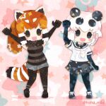  2girls animal_ears black_hair brown_hair elbow_gloves extra_ears giant_panda_(kemono_friends) gloves kemono_friends kikuchi_milo lesser_panda_(kemono_friends) long_hair looking_at_viewer multiple_girls panda_ears panda_girl panda_tail pantyhose sailor_collar shoes short_hair shorts simple_background skirt sleeveless tail white_hair 