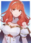  1girl bare_shoulders breasts cape celica_(fire_emblem) detached_collar detached_sleeves dress earrings edmonmondo english_commentary fire_emblem fire_emblem_echoes:_shadows_of_valentia hairband highres jewelry long_hair looking_at_viewer medium_breasts open_mouth red_eyes red_hair smile solo tiara wavy_hair white_armor 