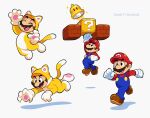  1boy ?_block animal_ears artist_name block cat_ears cat_mario cat_tail gloves hat highres jumping long_sleeves mario mario_(series) open_mouth pants red_headwear running shadow shoes short_hair solo super_bell super_mario_3d_world tail vinny_(dingitydingus) white_background white_gloves 