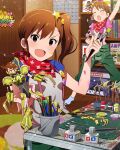  2girls :d brown_eyes brown_hair futami_ami futami_mami holding holding_paintbrush idolmaster idolmaster_(classic) idolmaster_million_live! idolmaster_million_live!_theater_days multiple_girls official_art open_mouth paintbrush raglan_sleeves red_scarf scarf short_hair short_sleeves siblings side_ponytail smile 