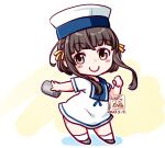  1girl artist_logo black_hair blue_sailor_collar brown_eyes cosplay dated depth_charge dress full_body hat hiburi_(kancolle) hiburi_(kancolle)_(cosplay) kantai_collection kutone_shirika sailor_collar sailor_dress sailor_hat short_hair short_hair_with_long_locks short_sleeves simple_background solo standing ukuru_(kancolle) white_background white_dress white_headwear 