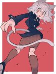  1other a_(poipiku_325815) animal_ears black_jacket border brown_shorts brown_socks cat_ears cat_tail claws commentary_request curly_hair feet_out_of_frame grey_hair hunter_x_hunter jacket long_sleeves looking_at_viewer neferpitou open_mouth orange_eyes other_focus red_background short_hair shorts smile socks solo standing tail white_border 