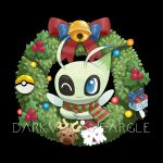  ;) abomasnow artist_name bell black_background blue_eyes bow celebi closed_mouth commentary darkvoiddoble eiscue eiscue_(ice) gs_ball looking_up no_humans one_eye_closed poke_ball pokemon pokemon_(creature) smile stantler watermark wreath 