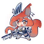  1girl :d animal_ears arknights armor chibi ear_covers ear_tag earpiece flametail_(arknights) highres holding holding_sword holding_weapon long_hair open_mouth red_hair sharktuna shirt simple_background smile solo squirrel_ears squirrel_girl squirrel_tail sword tail thighhighs weapon white_background white_shirt yellow_eyes 