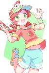  1girl ahoge andou_ringo blue_shorts blue_wristband blush collarbone drill_hair eyelashes green_eyes green_headwear highres holding holding_water_gun jazz_grace jewelry midriff_peek necklace open_mouth puyopuyo puyopuyo_7 puyopuyo_quest red_headwear red_shirt sandals shirt shorts solo t-shirt twin_drills water_gun waving 