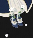  1boy absurdres black_background blue_footwear cloak fate/grand_order fate_(series) feet flower flower_request foot_focus head_out_of_frame highres male_focus oberon_(fate) petals simple_background socks solo tn_kn1000 white_flower white_petals white_socks 