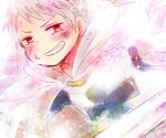  1boy albino axis_powers_hetalia blush cape cross grin looking_at_viewer male_focus prussia_(hetalia) rbht red_eyes scar scar_on_face smile smug teeth teutonic_knight white_cape white_hair 