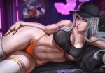  1girl artist_name baseball_cap bikini bikini_bottom_only black_headwear black_nails black_tank_top blurry blurry_background body_freckles breasts cleavage clothes_writing collarbone crop_top dandon_fuga facial_mark freckles grey_eyes grey_hair hand_on_own_thigh handheld_game_console hat heart heart_facial_mark jewelry large_breasts long_hair lying multiple_rings navel o-ring o-ring_bikini on_bed on_side orange_bikini original paid_reward_available pillow ring swimsuit tank_top thighhighs thighs underboob white_thighhighs 
