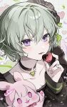  1girl animalization black_choker black_shirt blush candle_no_kaori_wa_omoide_to_tomo_ni_(project_sekai) chocolate choker confetti food food_on_face green_hair heart highres holding holding_chocolate holding_food jewelry kusanagi_nene long_sleeves looking_at_viewer necklace nong_345 ootori_emu pendant pink_eyes project_sekai purple_eyes rabbit shirt short_hair smile solo tongue tongue_out upper_body valentine 