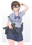  absurdres annoyed badass blue_bow blue_eyes blue_shirt blue_skirt bow bowtie brown_hair d-sawa613 gun handgun highres holding holding_gun holding_weapon karcer karcer_grey shirt skirt watch weapon wet wet_clothes wet_hair wet_shirt white_background wristwatch 