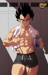  1boy abs artist_name bara black_hair black_male_underwear bottle boxer_briefs bulge closed_mouth dragon_ball dragon_ball_z erection erection_under_clothes holding holding_bottle impossiburu_san large_pectorals male_focus male_underwear muscular muscular_male navel nipples pectorals short_hair smile solo spiked_hair towel towel_around_neck underwear vegeta 