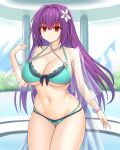  1girl asamura_hiori bare_shoulders bikini black_bikini breasts cleavage collarbone fate/grand_order fate_(series) flower green_bikini hair_between_eyes hair_flower hair_ornament highres large_breasts long_hair long_sleeves looking_at_viewer navel open_clothes open_shirt purple_hair red_eyes scathach_(fate) scathach_skadi_(fate) scathach_skadi_(swimsuit_ruler)_(fate) scathach_skadi_(swimsuit_ruler)_(final_ascension)_(fate) see-through smile solo swimsuit thighs two-tone_bikini 