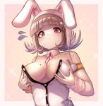  1girl absurdres animal_ears armlet black_leotard blunt_bangs border breasts brown_background brown_hair cleavage closed_mouth danganronpa_(series) danganronpa_2:_goodbye_despair galaga hair_ornament hands_on_own_breasts highres large_breasts leotard medium_hair mole mole_on_breast nanami_chiaki nipples official_alternate_costume onimiere pink_eyes playboy_bunny rabbit_ears smile solo two-tone_leotard upper_body white_border white_leotard 