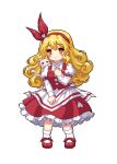  1girl blonde_hair cat curly_hair dress ellen_(touhou) full_body hairband heart juliet_sleeves long_hair long_sleeves lowres pixel_art puffy_sleeves red_dress red_footwear red_hairband simple_background socks sokrates_(touhou) touhou touhou_(pc-98) touhou_mystia&#039;s_izakaya white_background white_socks youzikk 