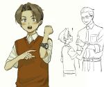  2boys ace_attorney aged_down arm_grab belt collared_shirt father_and_son glasses gregory_edgeworth grey_hair hands_up highres long_sleeves looking_at_another male_focus miles_edgeworth multiple_boys multiple_views necktie open_mouth pants pointing red_vest renshu_usodayo shirt short_hair short_sleeves simple_background smile standing upper_body vest watch white_background white_shirt wristwatch 